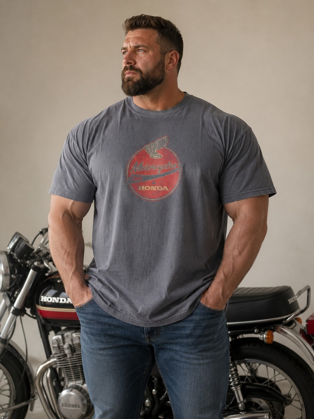 Honda🏍Vintage Style Red Emblem Logo Short Sleeve Tee — Washed Gray Sz XL